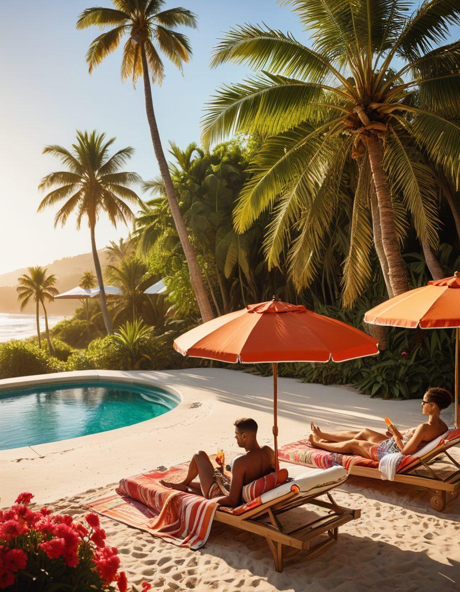 A stylish beach scene featuring a diverse group of fashionably dressed individuals in trendy beachwear, lounging on a sunlit shore with vibrant umbrellas and refreshing drinks. Include a cascading poolside in the background, with palm trees and bright beach towels scattered about. Capture a sense of relaxation and fun with a warm sunset glow. super-realistic. vibrant colors. summer vibe.