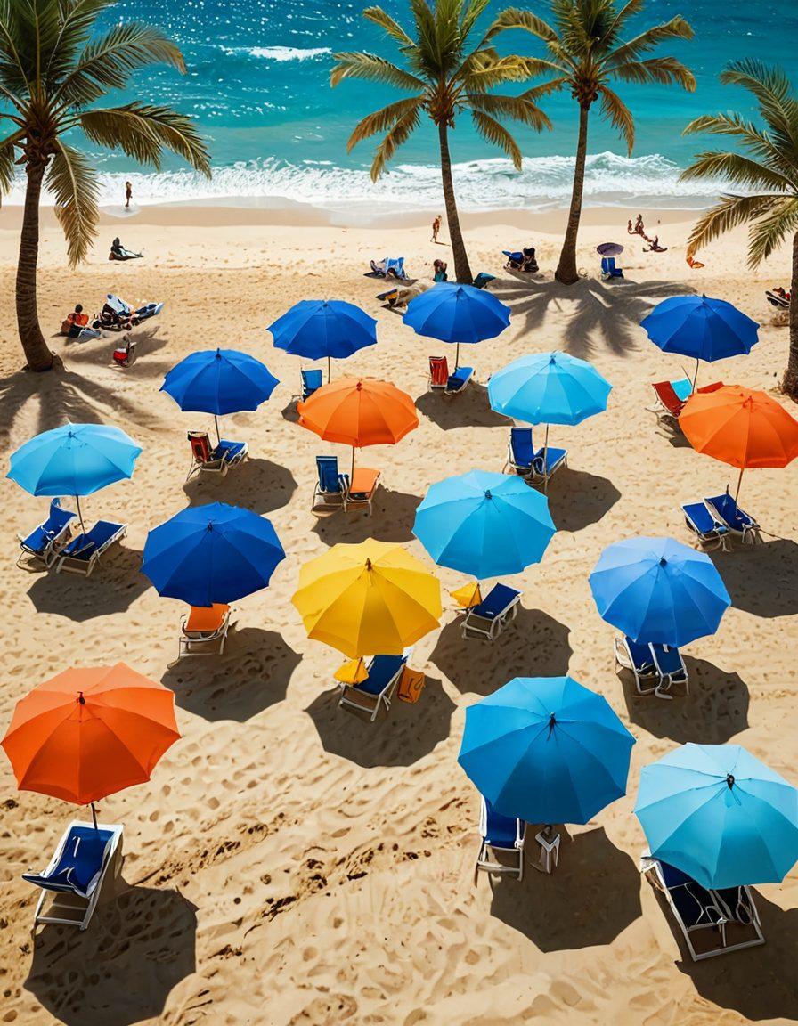 A stylish beach scene featuring diverse individuals wearing trendy, affordable swimwear, showcasing vibrant colors and various patterns. The setting should include a sunny day, blue ocean waves, and playful beach umbrellas. Add accessories like sunglasses and summer hats to enhance the chic feel, with palm trees gently swaying in the background. The overall mood should evoke a sense of fun and relaxation for summertime. super-realistic. vibrant colors.